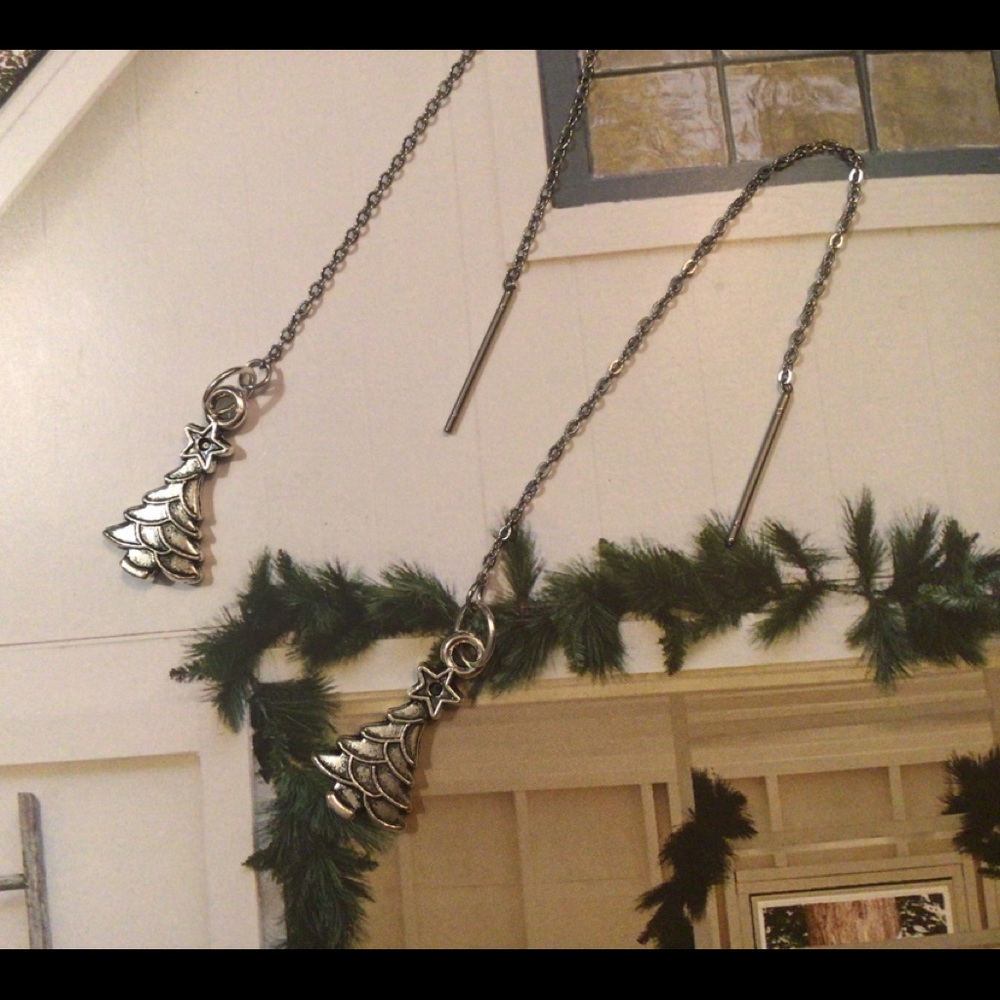 Christmas tree silver ear threader earrings dangle